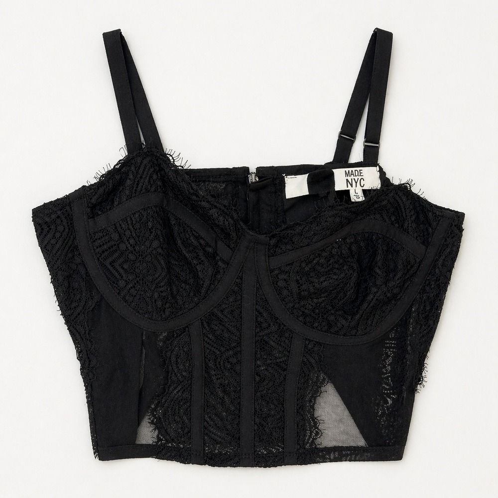 Black Lace Corset Sheer Mesh Ethereal Whimsigoth Madden Top Bustier Cropped L